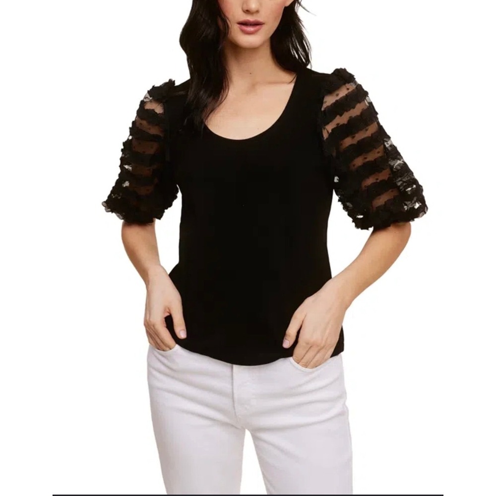 Fever Womens‎ Black Ribbed Knit Top Ruffle Mesh Puff Sleeve Scoop Neck Small